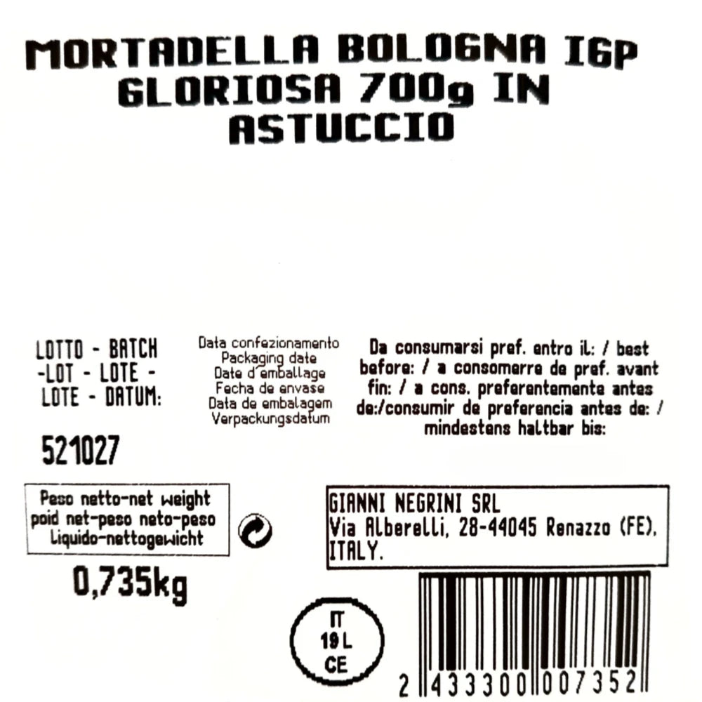 mortadella sotto vuoto di Gianni Negrini, in scatola venduta da parmashop, lato inferiore della scatola dove è indicato il lotto, la scadenza e il peso del prodotto