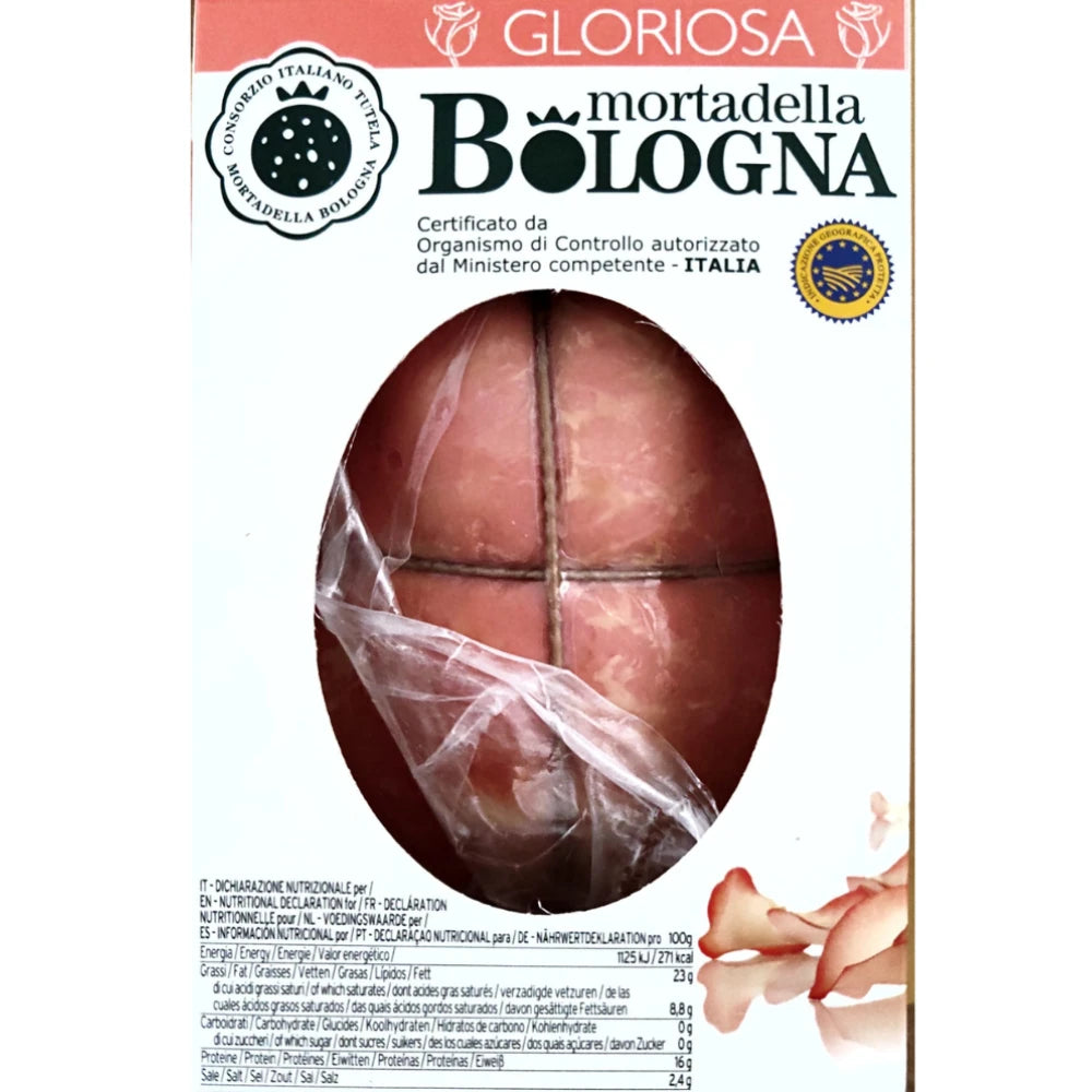 mortadella sottovuoto di Gianni Negrini, in scatola venduta da parmashop, lato della scatola con finestra ovale aperta dove è visibile il prodotto confezionato