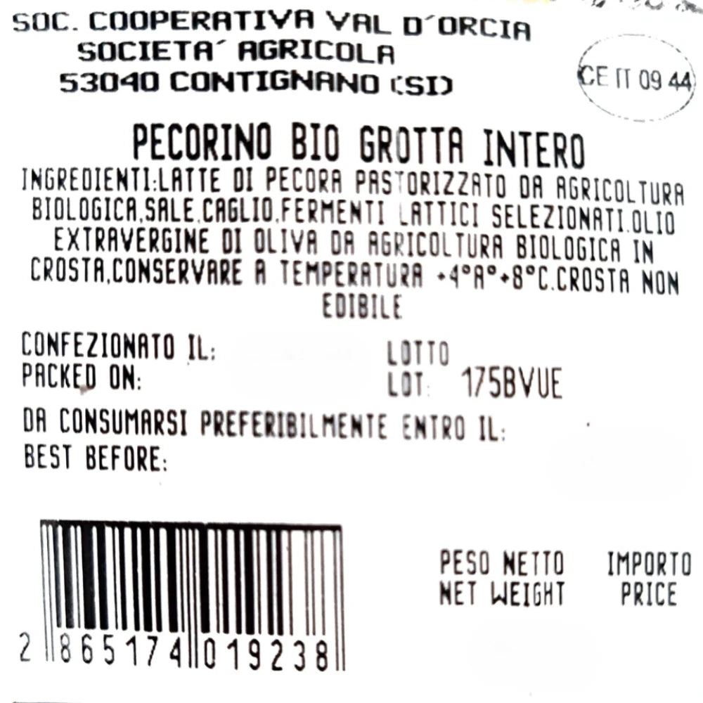 pecorino toscano intero stagionato di grotta biologico prodotto da societa cooperativa val d'orcia società agricola che indica gli ingredienti e la scadenza