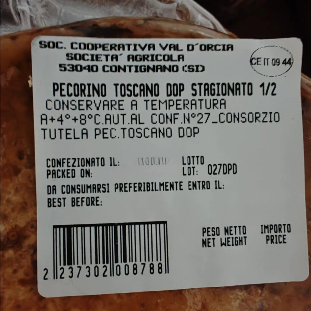 pecorino toscano mezzo stagionato prodotto da societa cooperativa val d'orcia società agricola che indica gli ingredienti e la scadenza