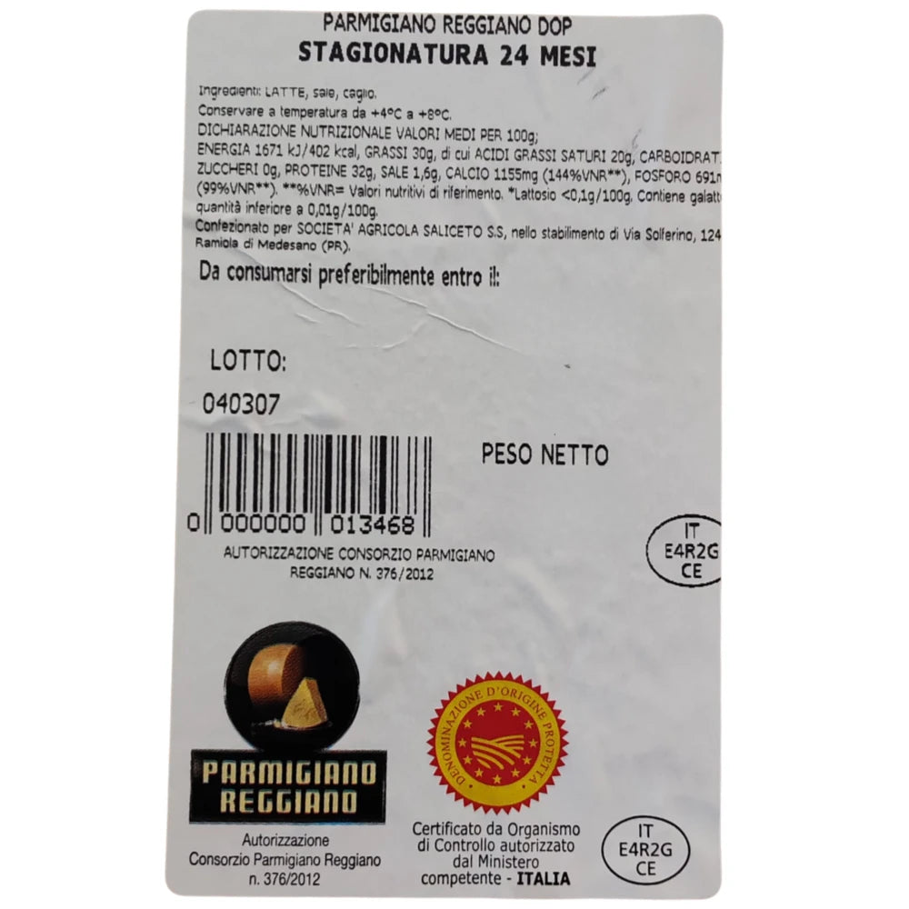 Parmigiano Reggiano DOP  24 mesi Saliceto etichetta con ingredienti e allergeni