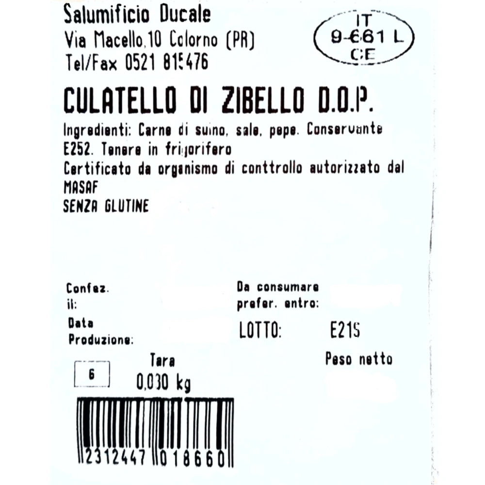 Culatello di zibello DOP del Salumificio Ducale venduto da Parmashop, l'etichetta indica gli ingredienti, la scadenza e il peso del prodotto che è sotto vuoto e già trattato
