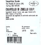 Culatello di zibello DOP del Salumificio Ducale venduto da Parmashop, l'etichetta indica gli ingredienti, la scadenza e il peso del prodotto che è sotto vuoto e già trattato